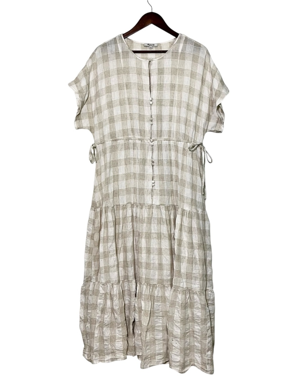 Madewell Gingham Linen Cotton Button-Front Tiered Midi Dress Size L